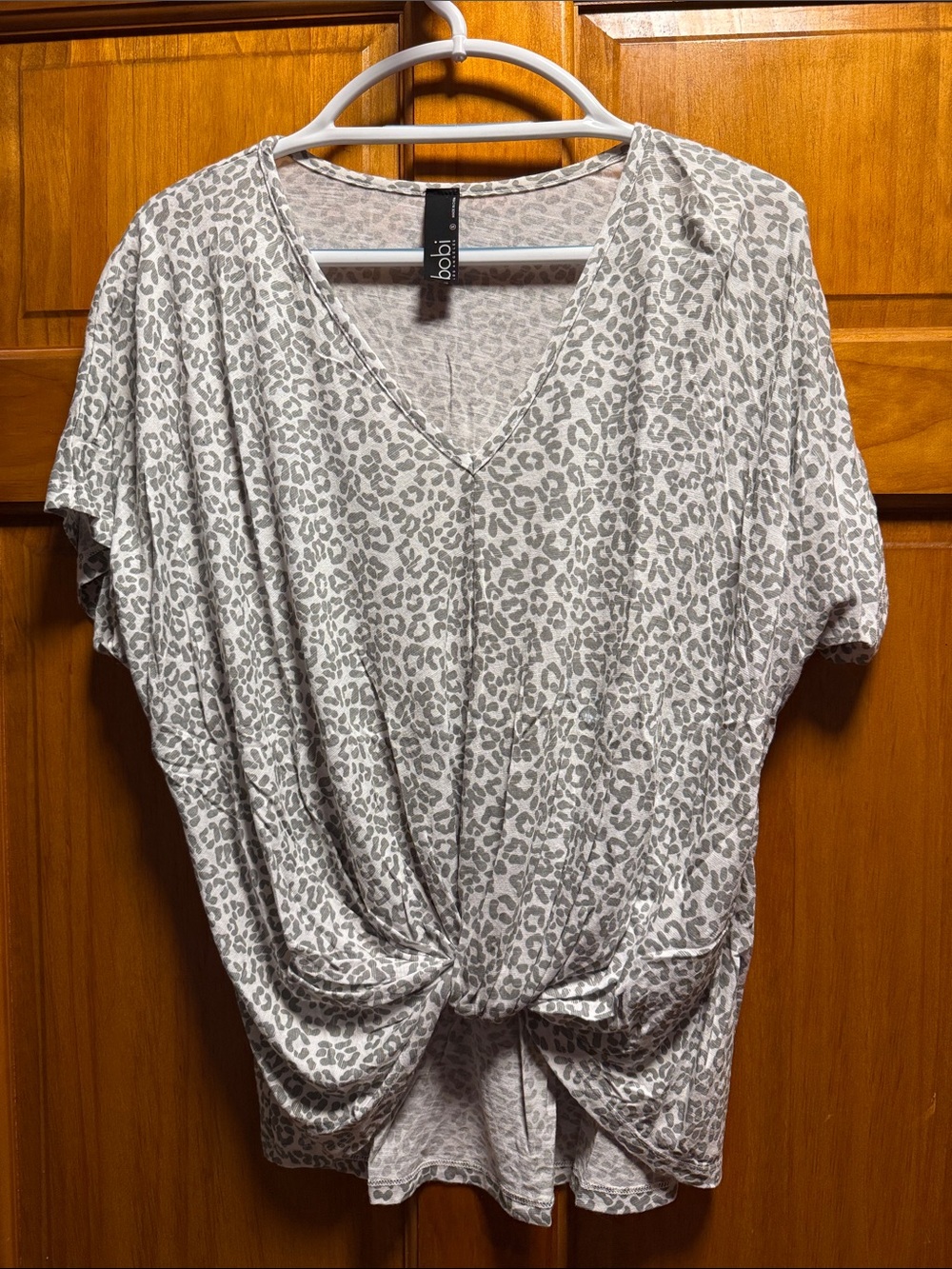 bobi Light Gray Leopard-Print V-Neck Knot Front Tee